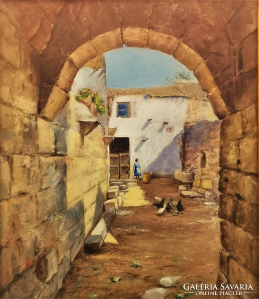 Michele Palumbo (1874-1949) is a famous Italian painter in a Mediterranean courtyard from 1936 with an original guarantee!