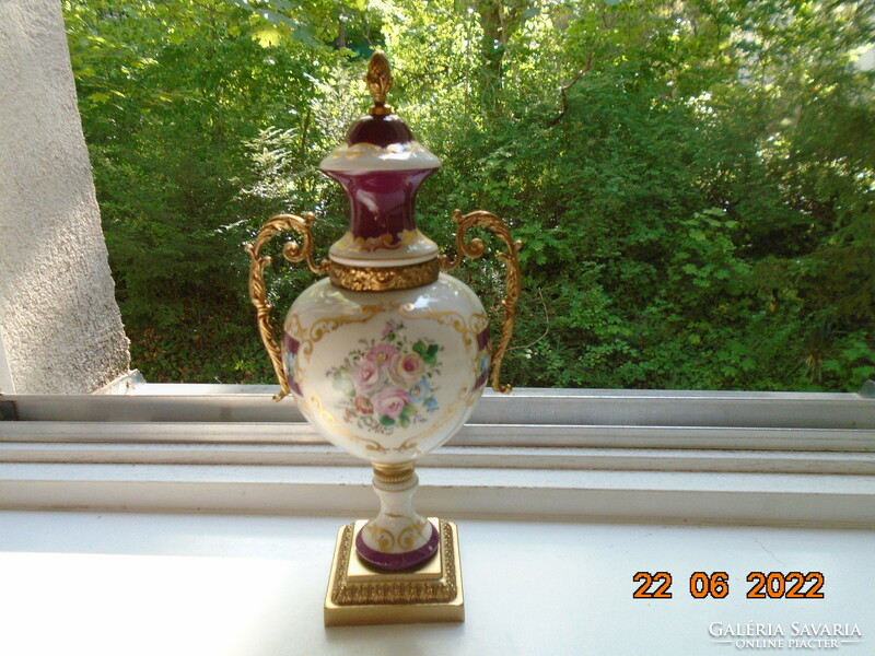 Sevres type fire-plated bronze fitting, pedestal, hand-painted with signature, vase of empire urn