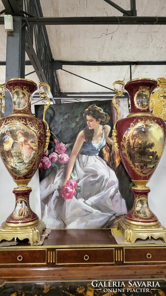 Pair of burgundy double image vases
