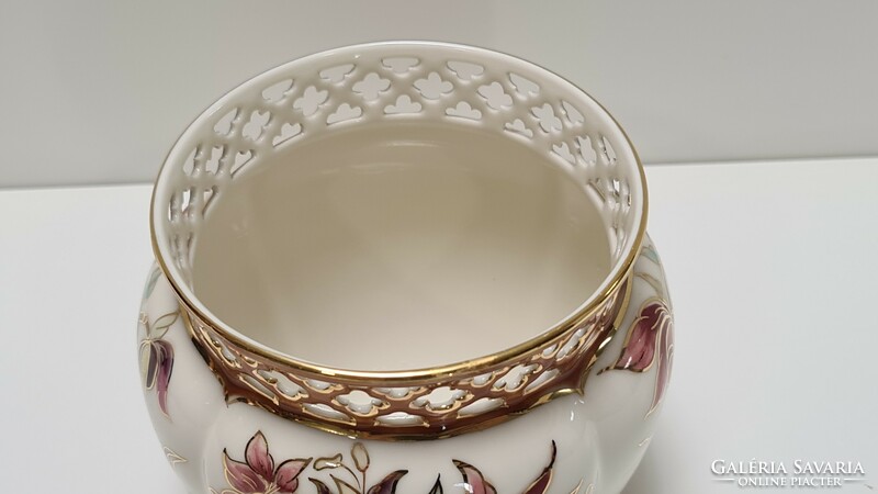 Zsolnay lily / orchid pattern basket #1268