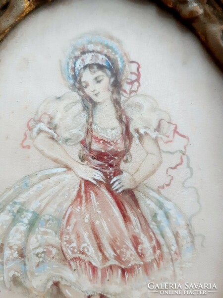 Oval, painted on textile, silk pictures in pairs, folk dancers, folk costume antique painting