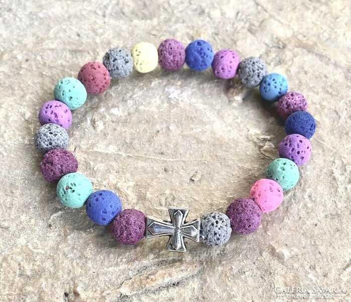 Colorful matte lava stone unisex mineral bracelet with silver cross ornament