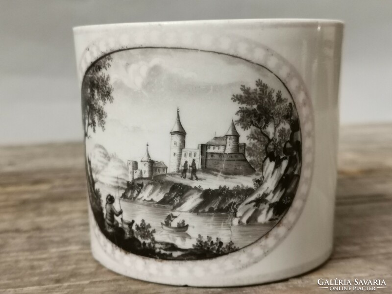 Antique schwarzlot painted porcelain cup