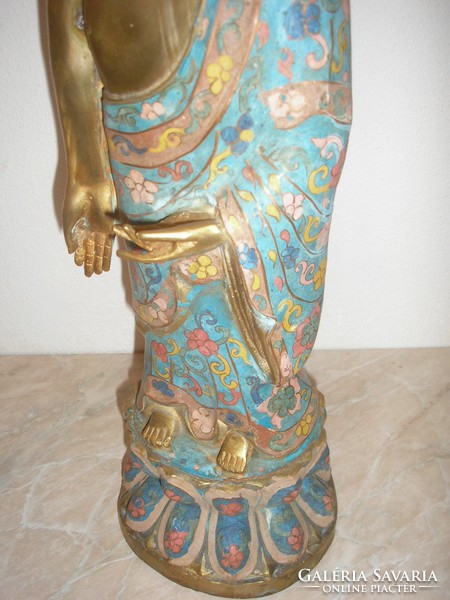 Cca 200 éves Antik Aranyozott bronz monumentális Buddha szobor engóbe festéssel is  4160 gr 45 cm-es