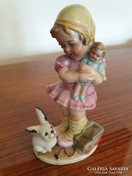 Old wagner & apel bertram porcelain doll baby girl with bunny and car vintage figure