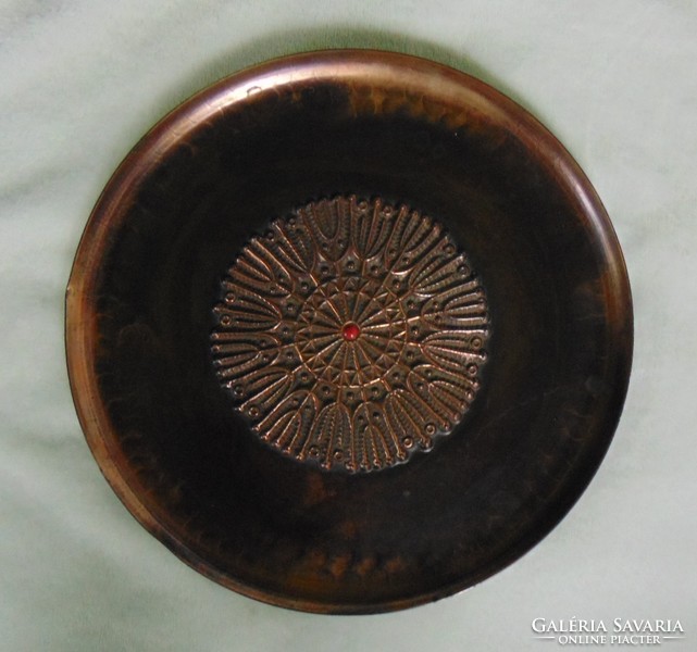 Applied copper brass wall bowl with fire enamel decoration