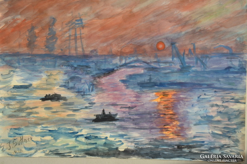 Akvarell festmény tengeri kikötő naplementében.Szignós,Keret nélkül.