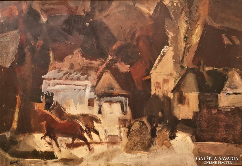 Gaál Imre Péter (1921 - 2013) Tájkép lovakkal c festménye Eredeti Garanciával!.