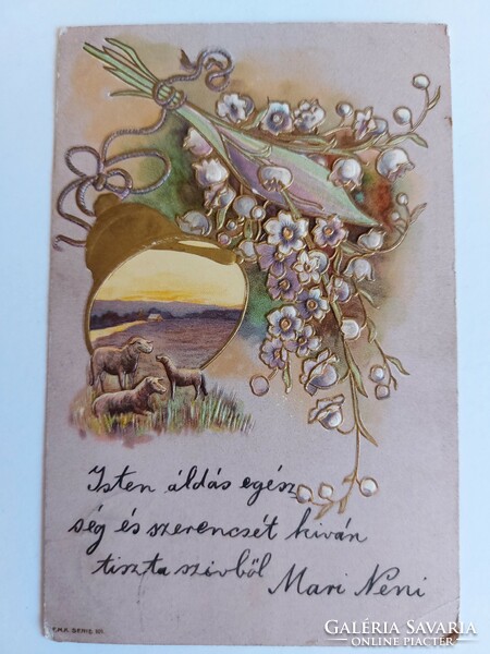 Régi húsvéti dombornyomott képeslap 1902 levelezőlap virágok harang bárányok