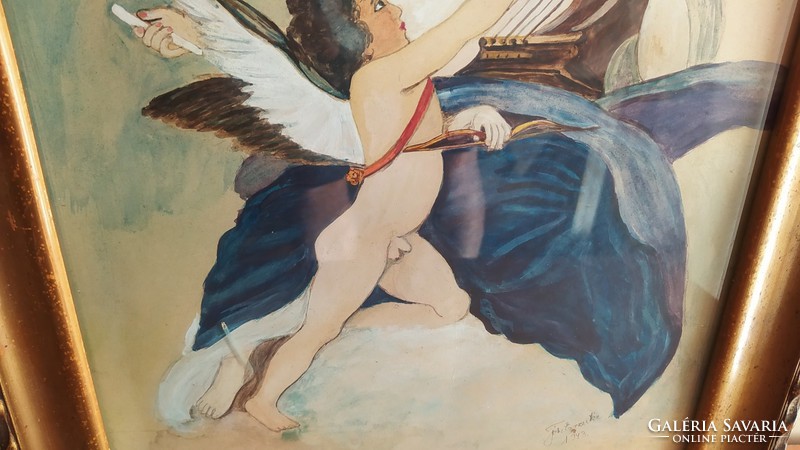 Kedves kis angyalkás festmény 46x35 cm