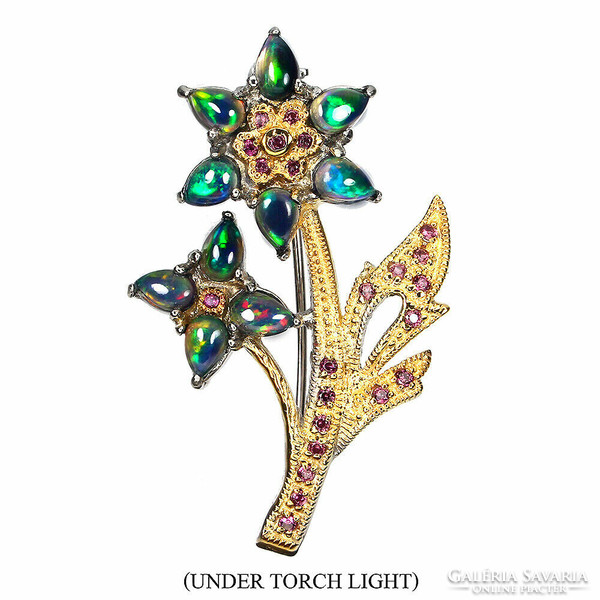 Genuine heart black opal and garnet 925 silver 2 tone flower brooch