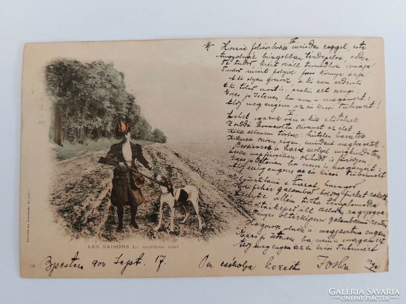 Régi képeslap 1900 levelezőlap hölgy vadászat kutya