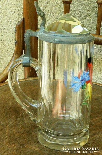 Beer mug with antique tin lid and stained glass top