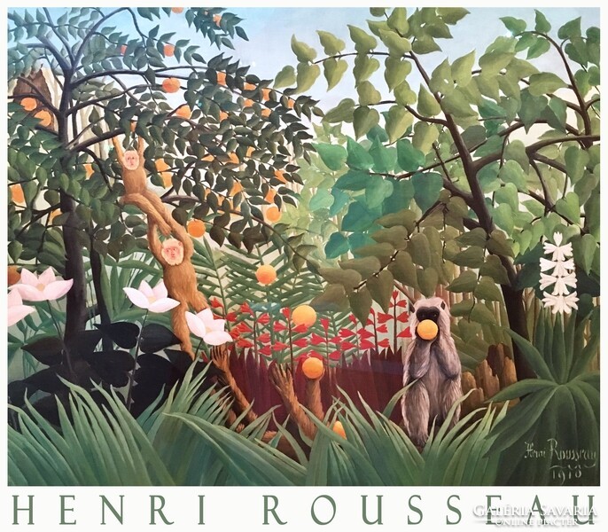 Henri Rousseau Egzotikus tájkép 1910 naiv festmény művészeti plakátja, trópusi dzsungel majom őserdő