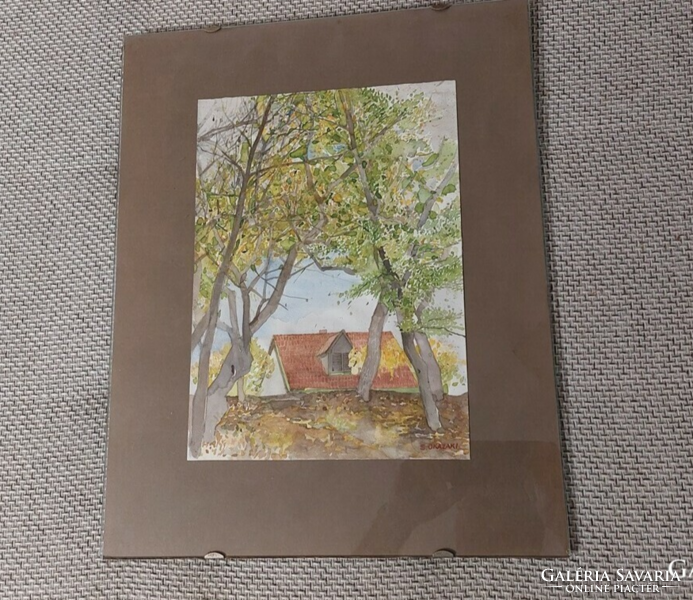 (K) s. Okazaki watercolor landscape painting with a house, 40x50 cm frame