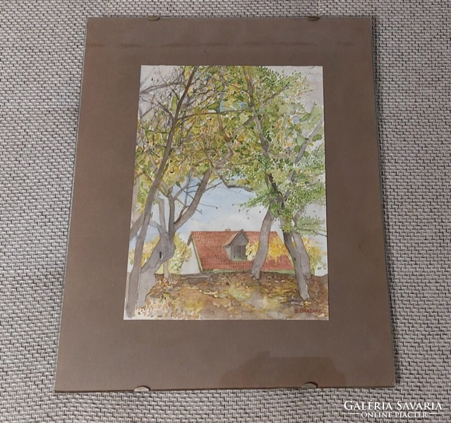 (K) S. Okazaki akvarell tájképfestmény házikóval, 40x50 cm kerettel