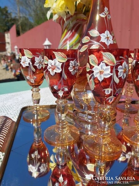 Retro 6-person floral bohemian glass drinking set, liquor set, 6 glasses + pourer, flask