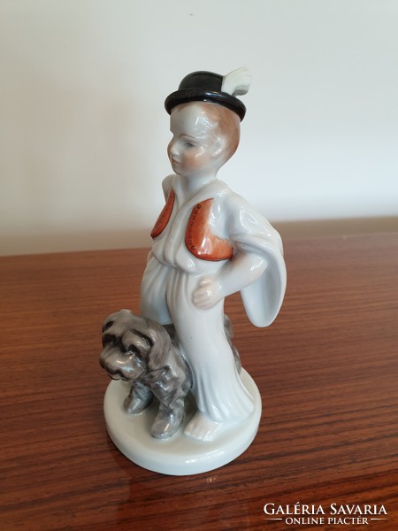 Régi Herendi porcelán fiú népviseletben puli kutyával