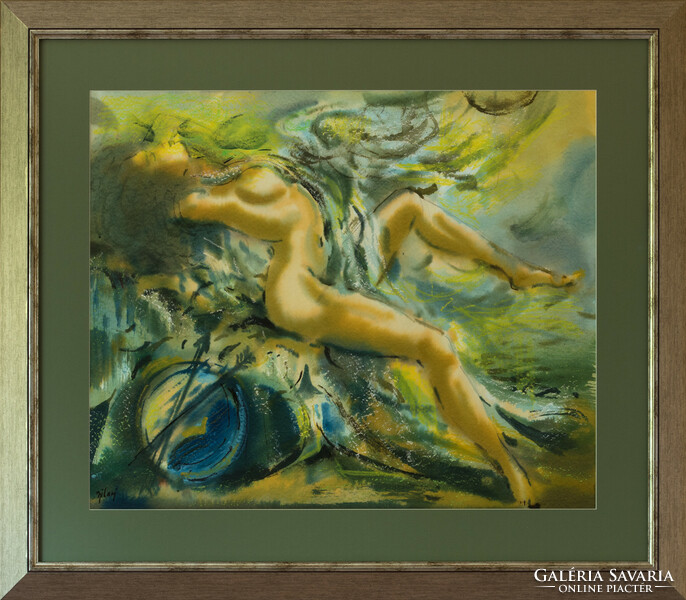 In a new frame! Sándor Bihari's watercolor entitled leda, with certification!