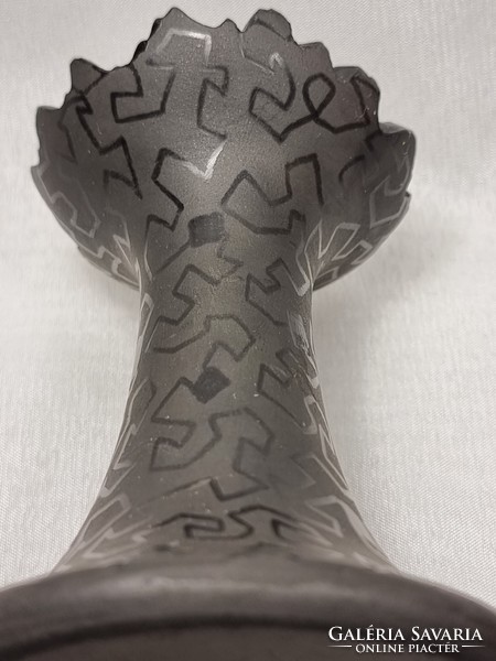 Lajos Kováts: glazed black ceramic vase with geometric patterns. Marked, flawless