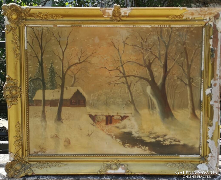 Antik magyar festmény: Téli táj házakkal