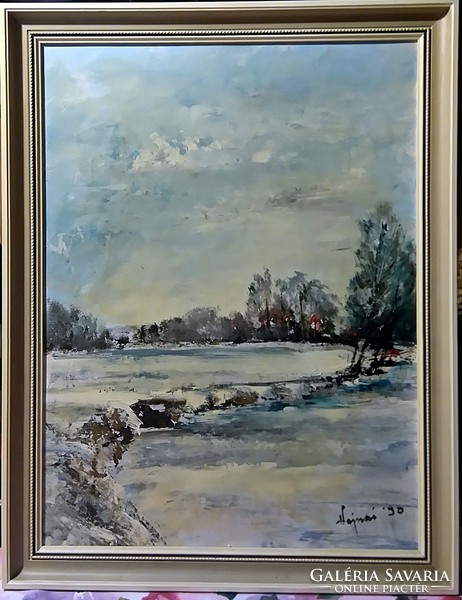 Original Vajna painting - winter landscape, in an elegant frame