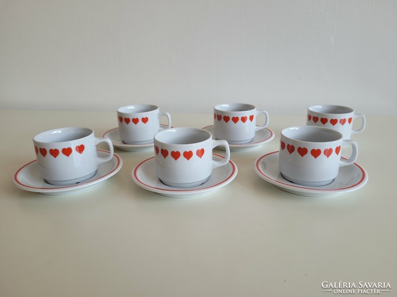 Régi retro Zsolnay porcelán piros szív mintás szives kávés csésze 6 db mid century
