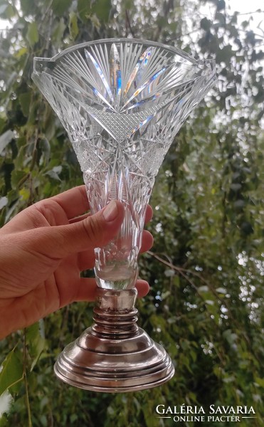 Beautiful antique silver vase offering, table centerpiece with crystal top, abundant stem style