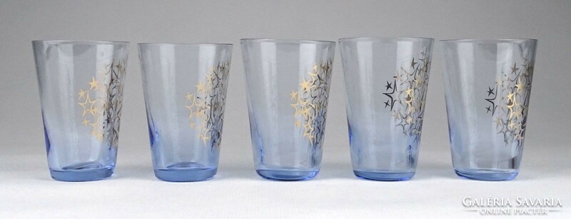 1J599 Régi aranyozott kék üveg stampedlis pohár készlet 5 darab