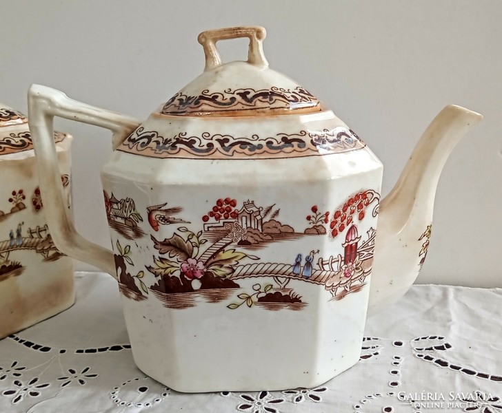 Antik angol fajansz tea tálaló készlet kanna kiöntő cukortartó
