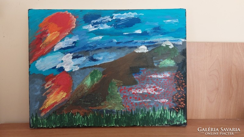 (K) abstract landscape with 40x30 cm frame with thrush mark
