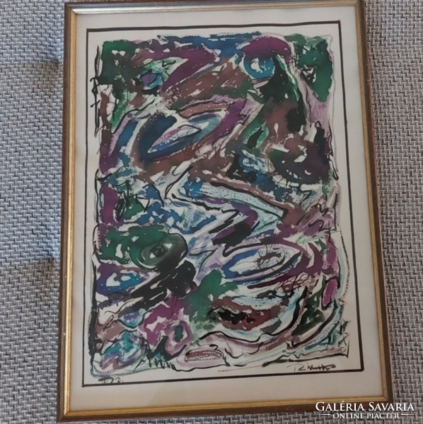 (K) Szignózott absztrakt festmény 44x32 cm kerettel