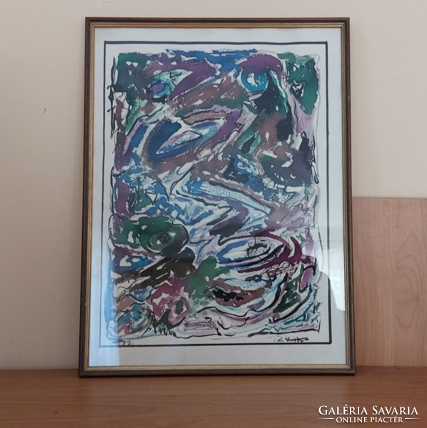 (K) signed abstract painting with frame 44x32 cm