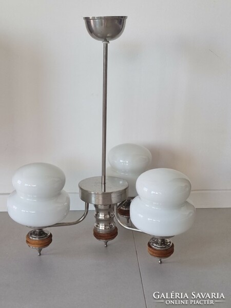 Art deco style 3-branch chandelier/lamp, with wooden details, milk glass shades