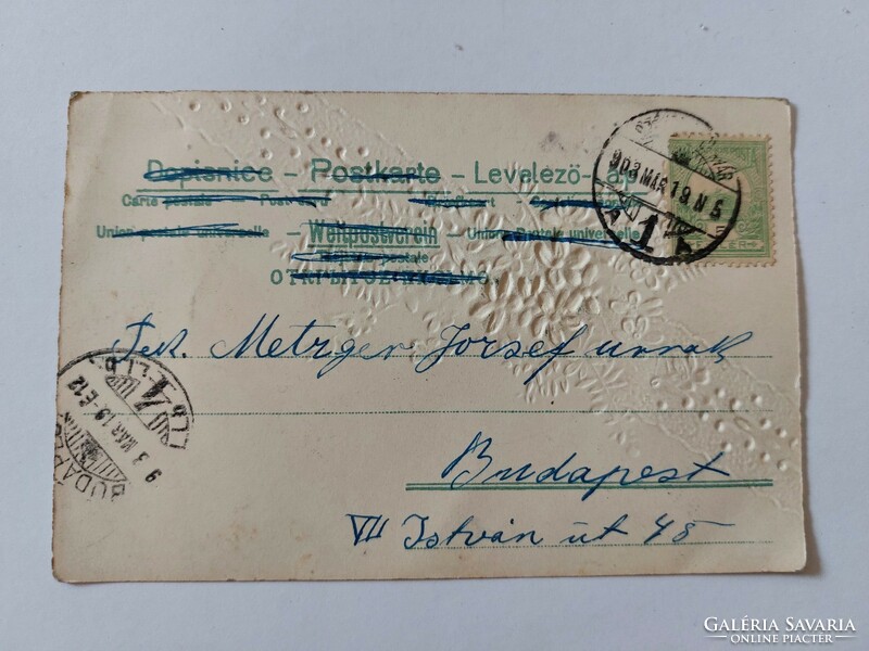 Régi képeslap 1903 virágos dombornyomott selyem rátéttel levelezőlap nefelejcs