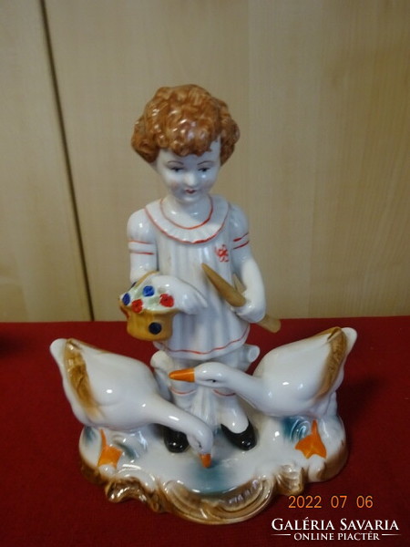 Romanian porcelain figure, little girl with geese, length 18 cm. He has! Jokai.
