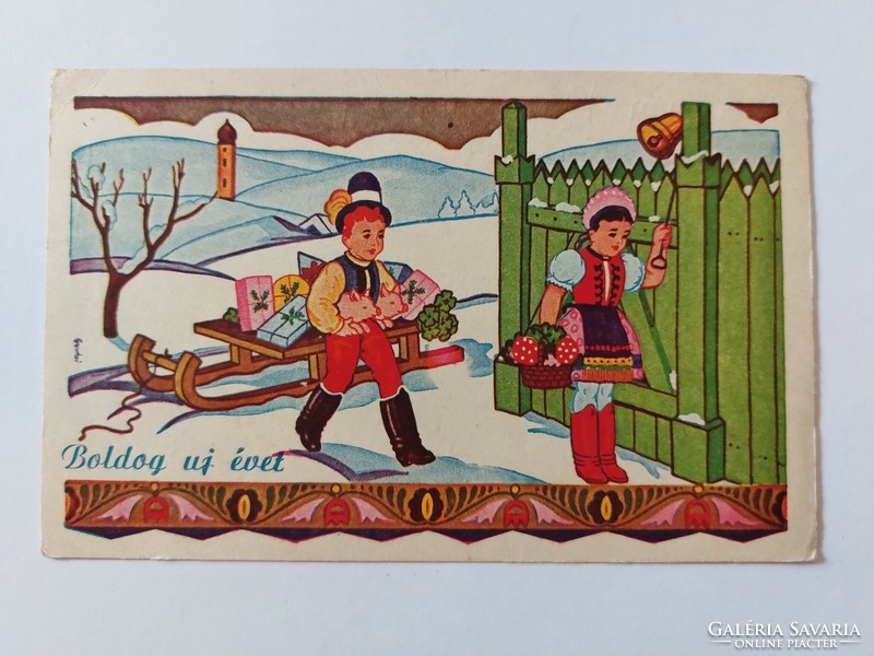 Régi újévi képeslap rajzos levelezőlap népviseletes gyerekek malac gomba lóhere szánkó