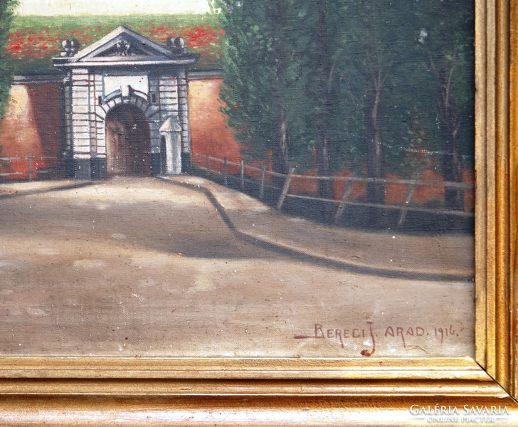 József Beregi: the gate of the Arad castle, 1916 - antique oil-on-canvas painting, in a contemporary frame