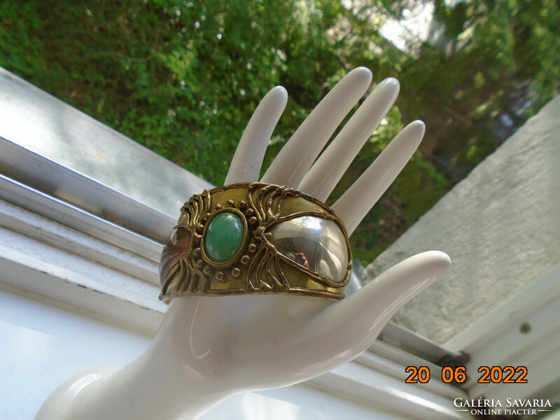 Modernist micentury gold-plated, silver-plated, green stone wide cuff bracelet with applied patterns