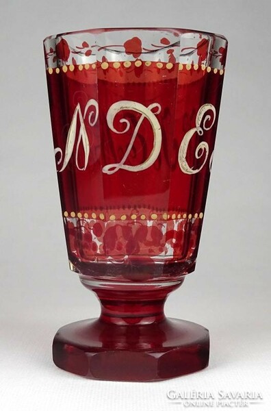 1F772 XIX. századi csiszolt bíborpácolt Biedermeier talpas fújt üveg kúrapohár 14 cm