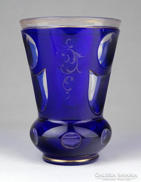 1F763 Antik csiszolt fújt üveg kék cseh Bieder pohár 10.5 cm