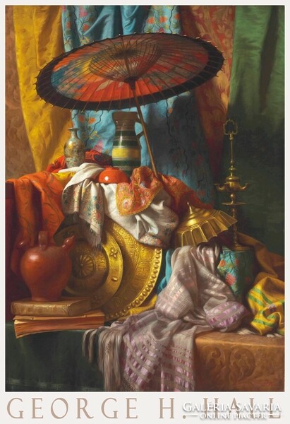 George H. Hall Limlomok - csendélet 1880 festmény művészeti plakátja, kelme sál kínai napernyő váza