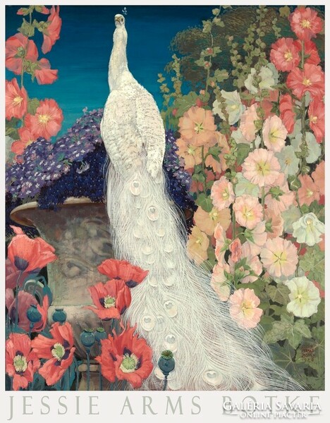 Jessie arms botke white peacock and colorful mallows 1926 painting art poster flower garden