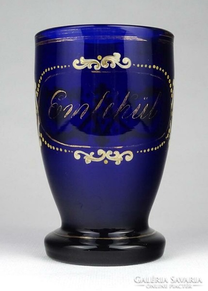 1F774 XIX. századi kézzel festett kobaltkék fújt üveg Bieder pohár 12.5 cm