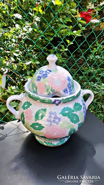 Beautiful. Huge, (6.5 liter) 2-handled, high-lid, hand-painted ceramic pot.