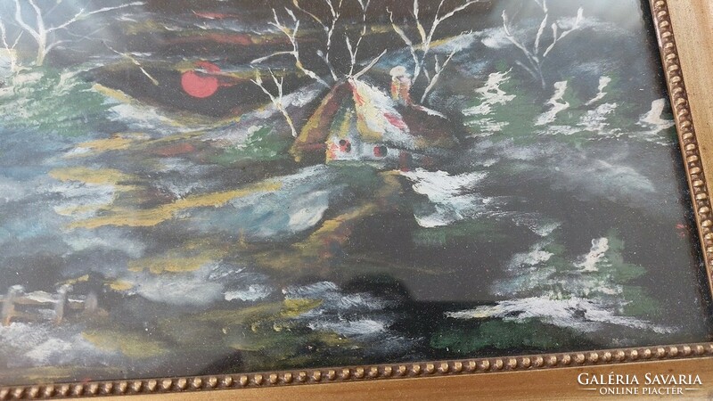 (K) landscape with a small house painting 31x29 cm with frame
