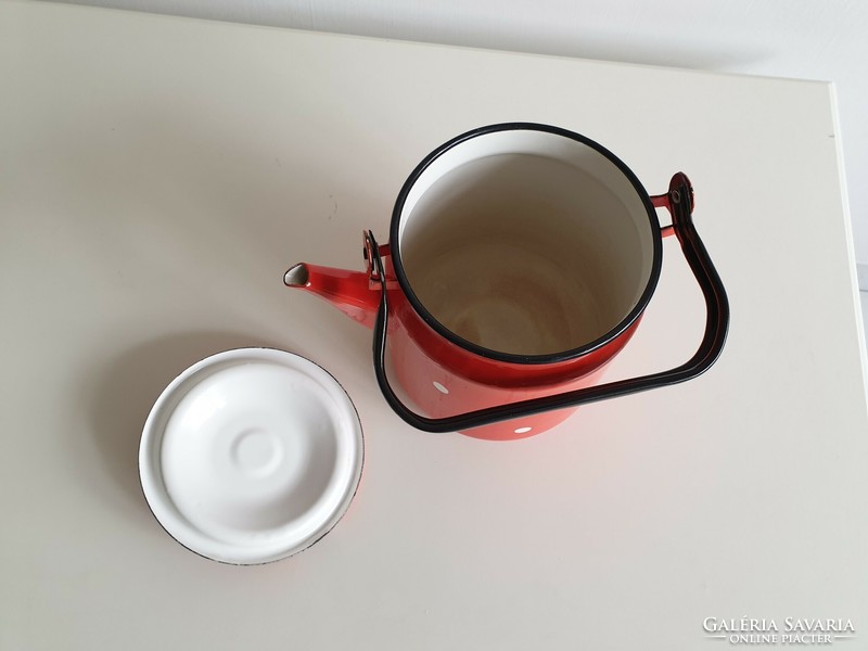 Régi retro nagy méretű 3 L pöttyös piros zománcos kanna vintage zománcozott 3 literes teáskanna
