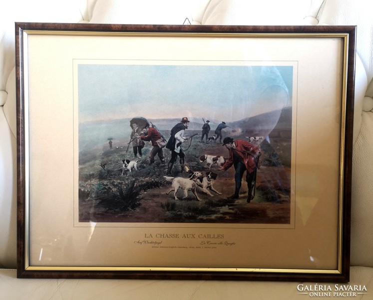 Quail hunting 42 x 31 cm, graphic print, picture in French, Italian, German, glass plate, hunting scene