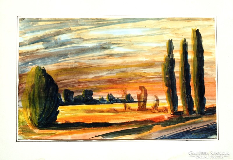 János T. Kovács: lowland landscape with poplar trees, 1976 - large-scale watercolor