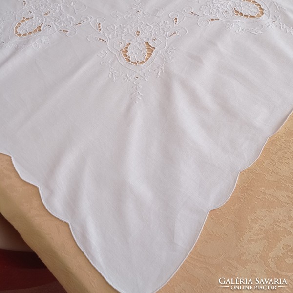 Snow white, white embroidered tablecloth, 80 x 76 cm